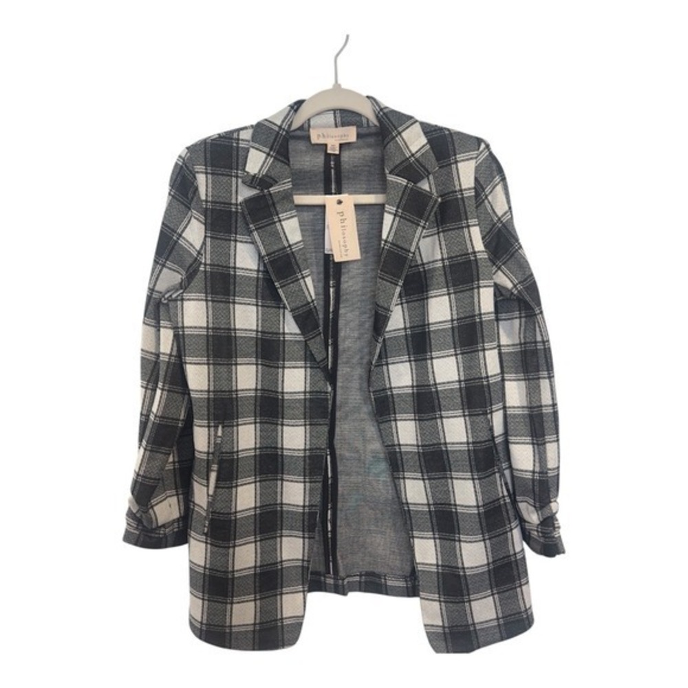 Philosophy Republic Clothing Black‎ White Plaid Ruched Sleeve Blazer Small NWT